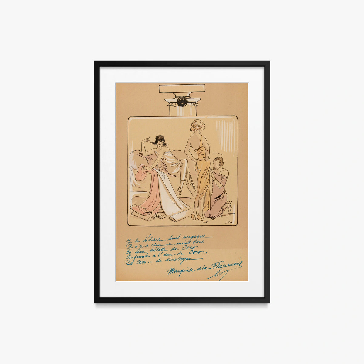 Flacone di Profumo, Coco Chanel - Sem, opera di Sem (Georges Goursat) (Illustrazione), stampa con passepartout e cornice nera, 50x70cm
