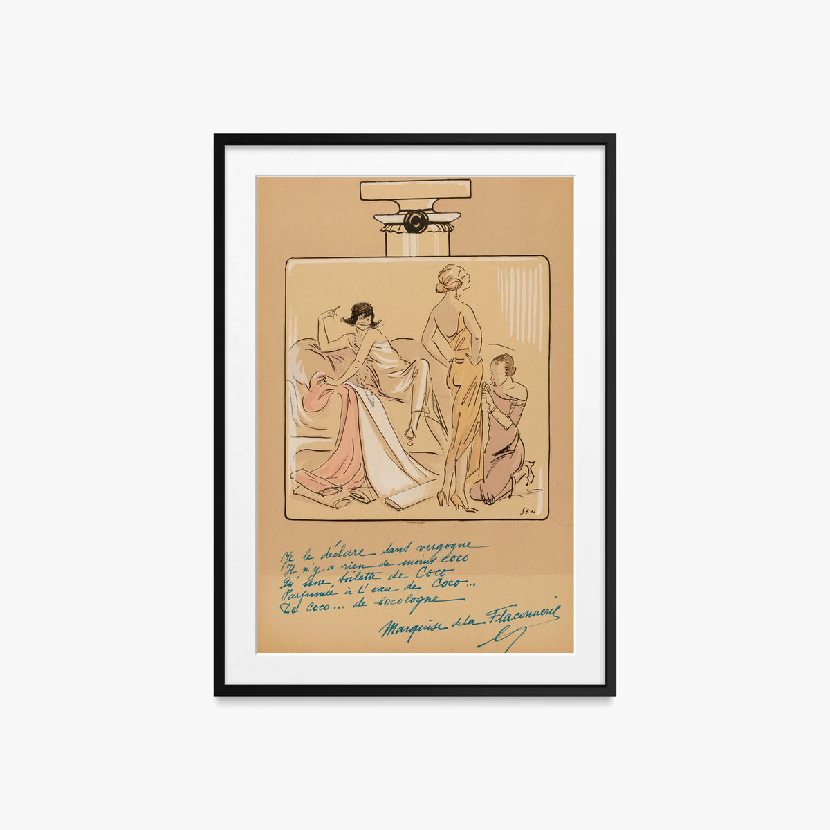 Flacone di Profumo, Coco Chanel - Sem, opera di Sem (Georges Goursat) (Illustrazione), stampa con passepartout e cornice nera, 60x85cm