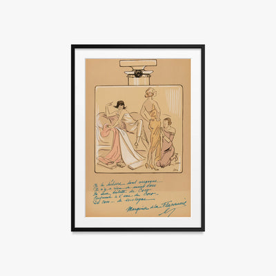 Flacone di Profumo, Coco Chanel - Sem, opera di Sem (Georges Goursat) (Illustrazione), stampa con passepartout e cornice nera, 60x85cm