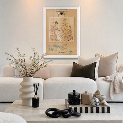Flacone di Profumo, Coco Chanel - Sem, opera di Sem (Georges Goursat): stampa con passepartout e cornice bianca 80x115cm appesa in soggiorno sopra il divano