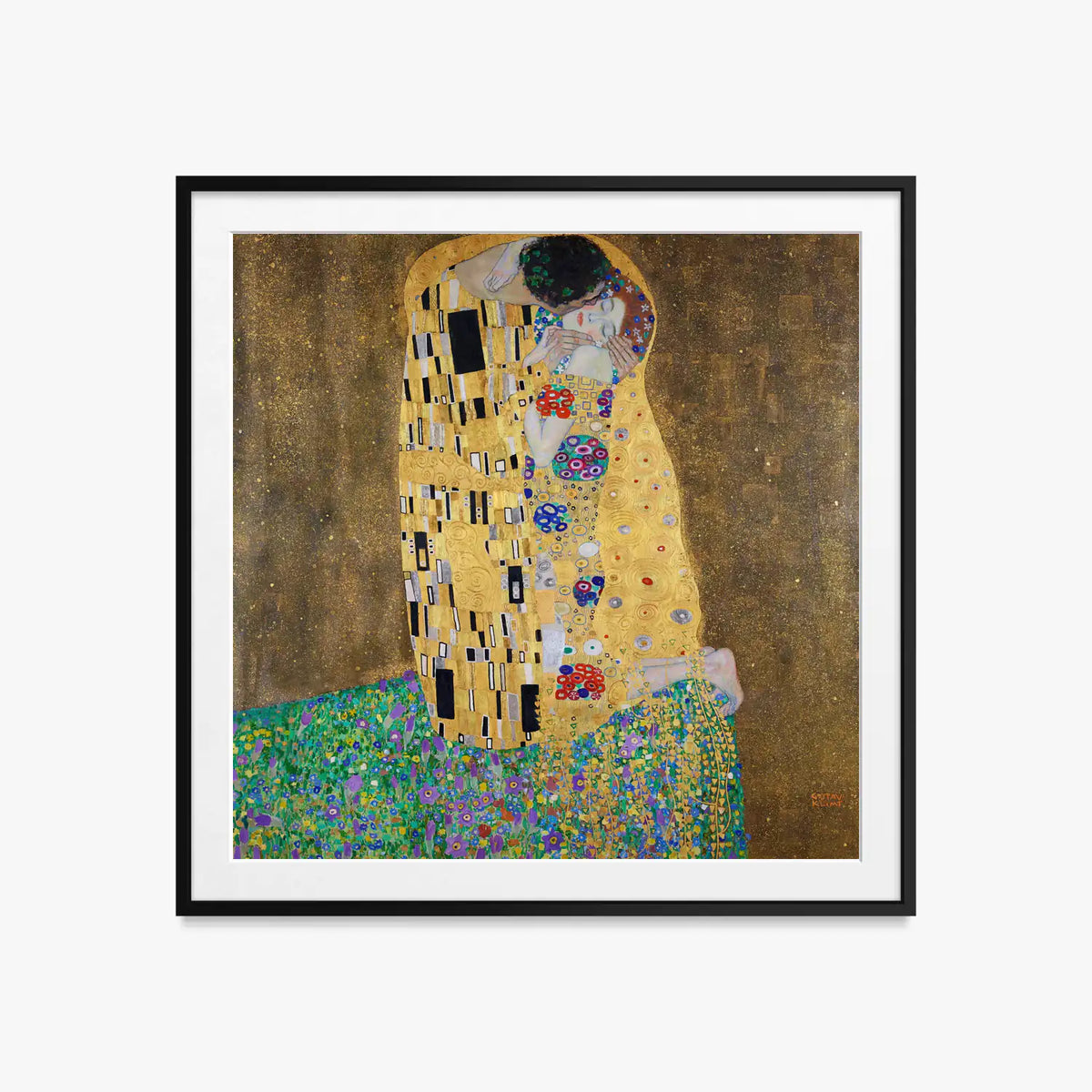 Il Bacio - Gustav Klimt, opera di Gustav Klimt (Secessione Viennese), stampa con passepartout e cornice nera, 60x60cm
