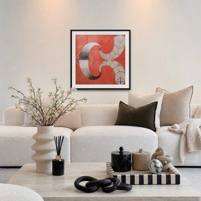 Il Cigno, n. 9 - Hilma af Klint, opera di Hilma af Klint: stampa con passepartout e cornice nera 80x80cm appesa in soggiorno sopra il divano