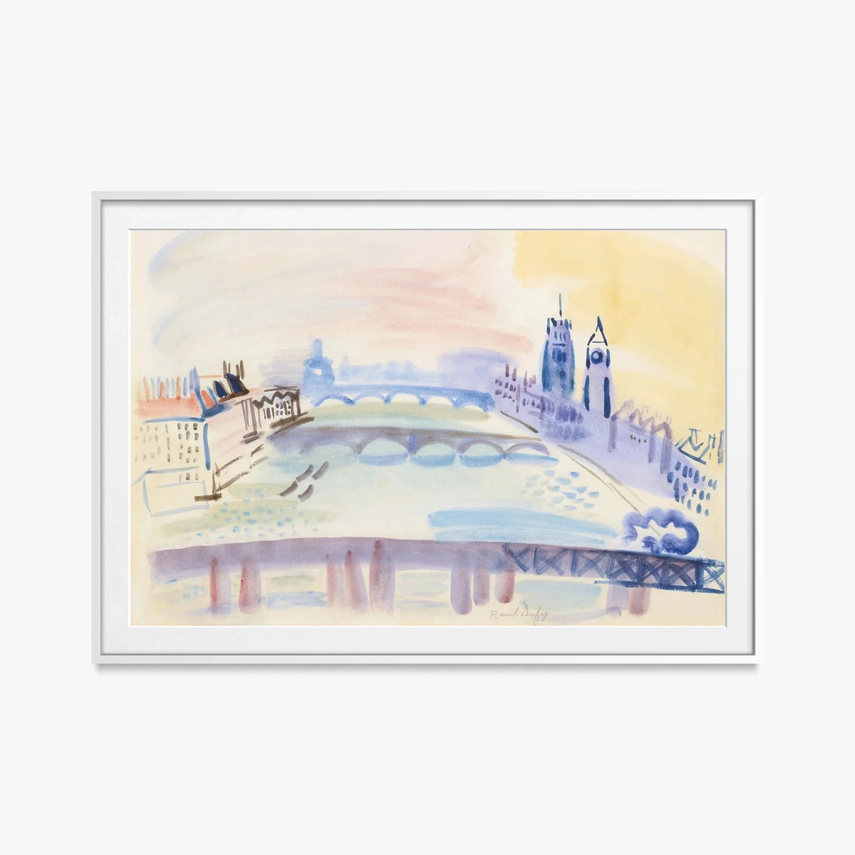 Il Tamigi, Londra - Raoul Dufy, opera di Raoul Dufy (Art Déco), stampa con passepartout e cornice bianca, 115x80cm