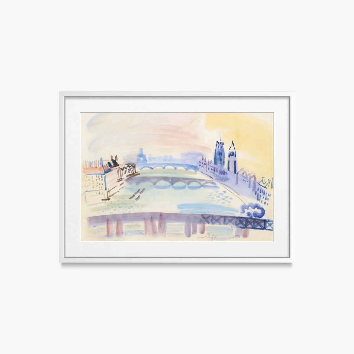 Il Tamigi, Londra - Raoul Dufy, opera di Raoul Dufy (Art Déco), stampa con passepartout e cornice bianca, 70x50cm