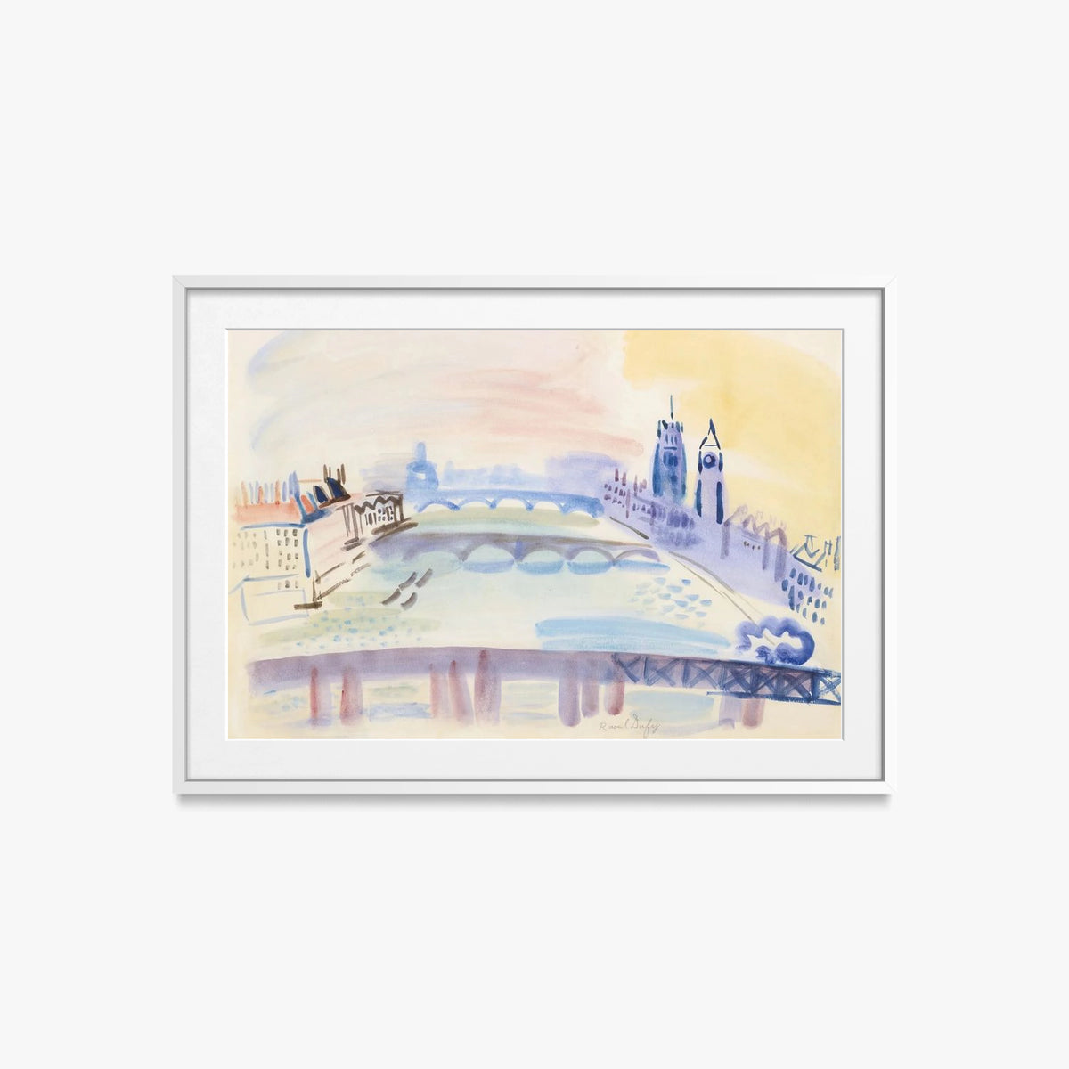 Il Tamigi, Londra - Raoul Dufy, opera di Raoul Dufy (Art Déco), stampa con passepartout e cornice bianca, 85x60cm