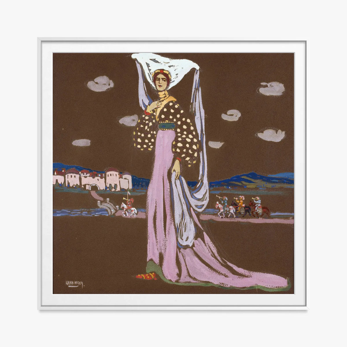 La Notte (Dama a Passeggio) - Wassily Kandinsky, opera di Wassily Kandinsky (Espressionismo), stampa con passepartout e cornice bianca, 80x80cm
