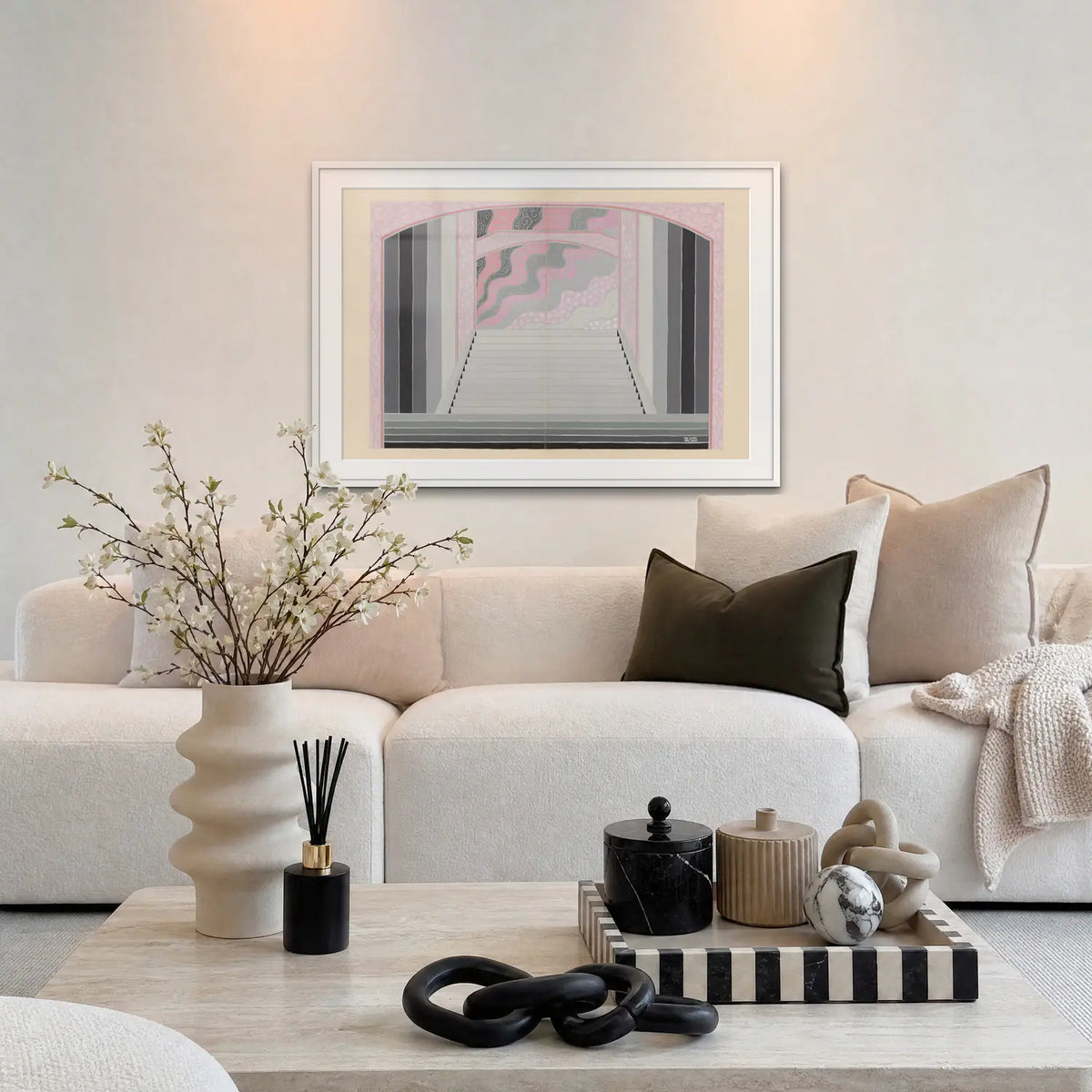 Les Ponts, Bozzetto di Scena - Zig, opera di Zig (Louis Gaudin): stampa con passepartout e cornice bianca 115x80cm appesa in soggiorno sopra il divano