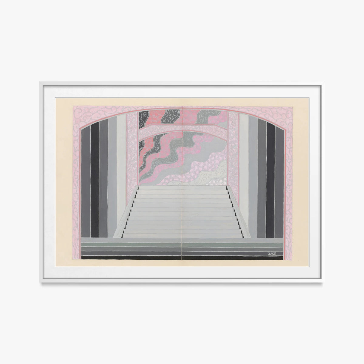 Les Ponts, Bozzetto di Scena - Zig, opera di Zig (Louis Gaudin) (Art Déco), stampa con passepartout e cornice bianca, 115x80cm