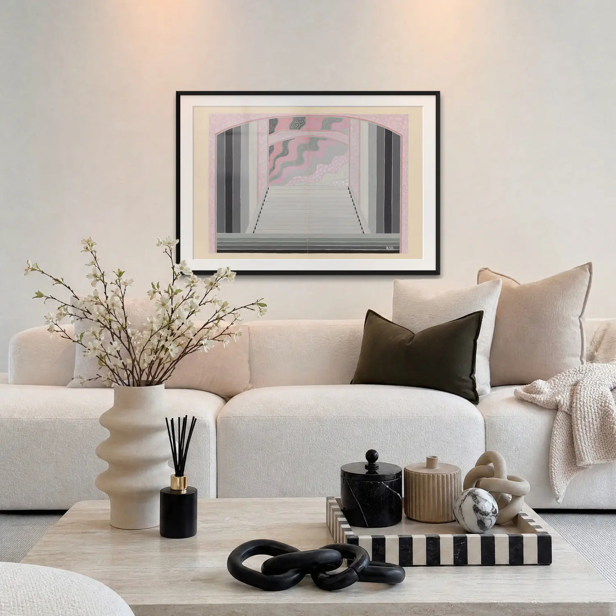 Les Ponts, Bozzetto di Scena - Zig, opera di Zig (Louis Gaudin): stampa con passepartout e cornice nera 115x80cm appesa in soggiorno sopra il divano