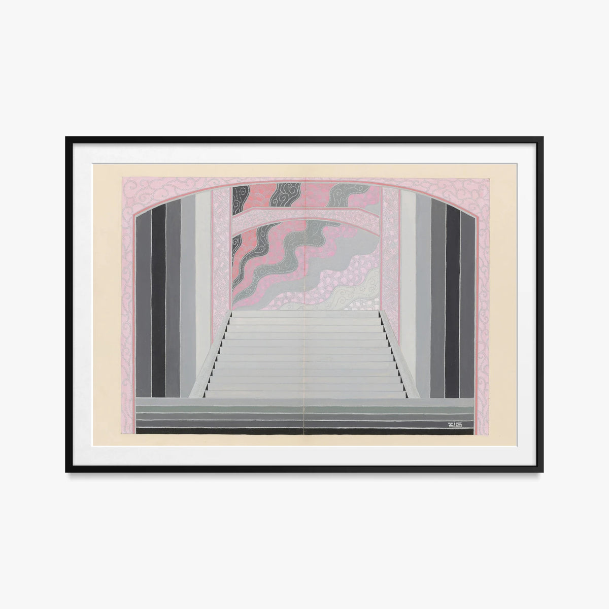 Les Ponts, Bozzetto di Scena - Zig, opera di Zig (Louis Gaudin) (Art Déco), stampa con passepartout e cornice nera, 115x80cm