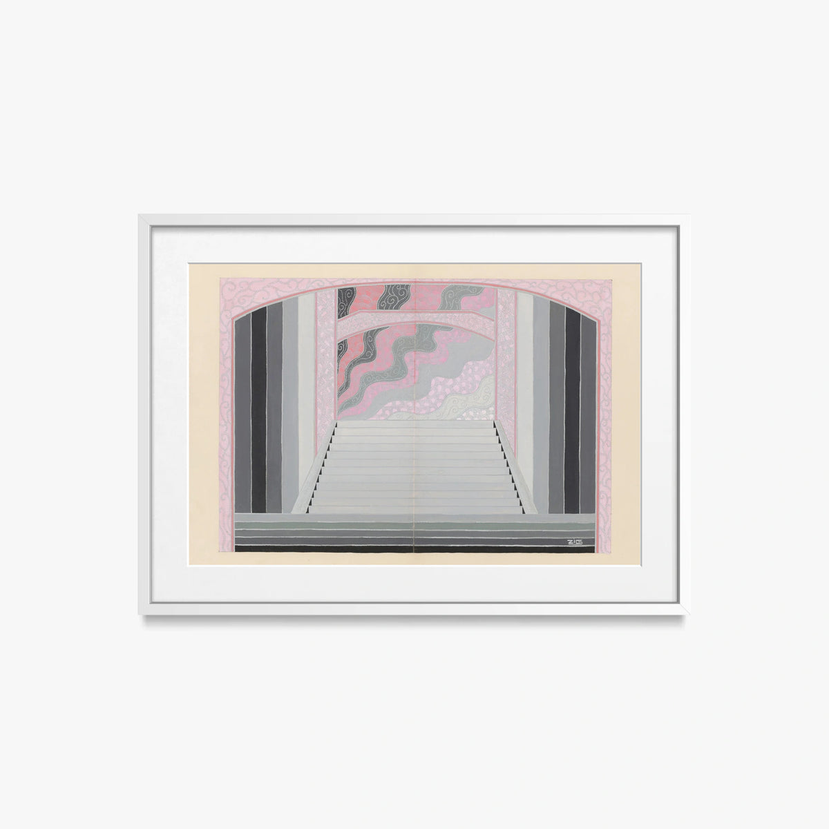 Les Ponts, Bozzetto di Scena - Zig, opera di Zig (Louis Gaudin) (Art Déco), stampa con passepartout e cornice bianca, 70x50cm