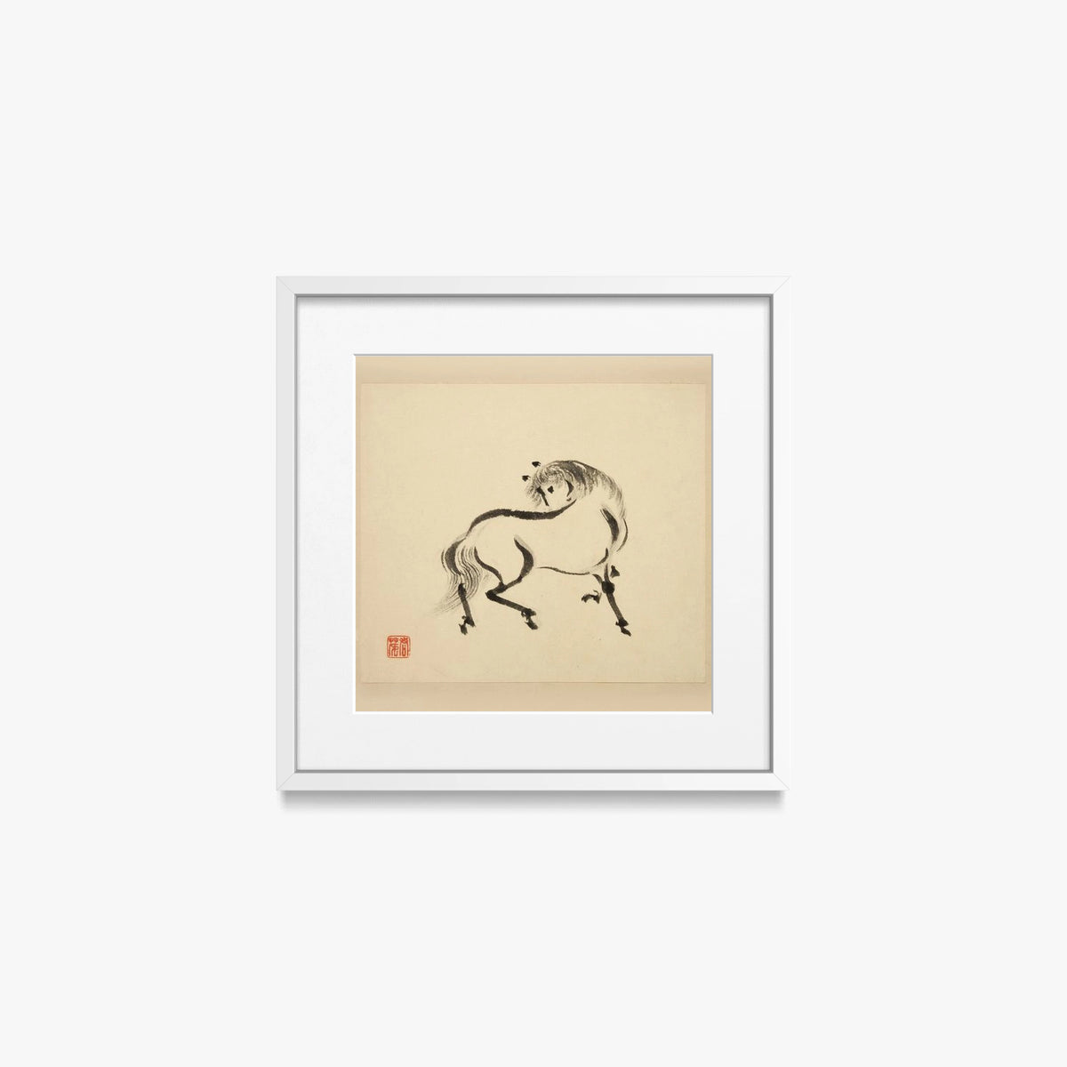 Libro Illustrato dei Cavalli, Tav. 2 - Tsurusawa Tansaku, opera di Tsurusawa Tansaku (Ukiyo-e), stampa con passepartout e cornice bianca, 40x40cm
