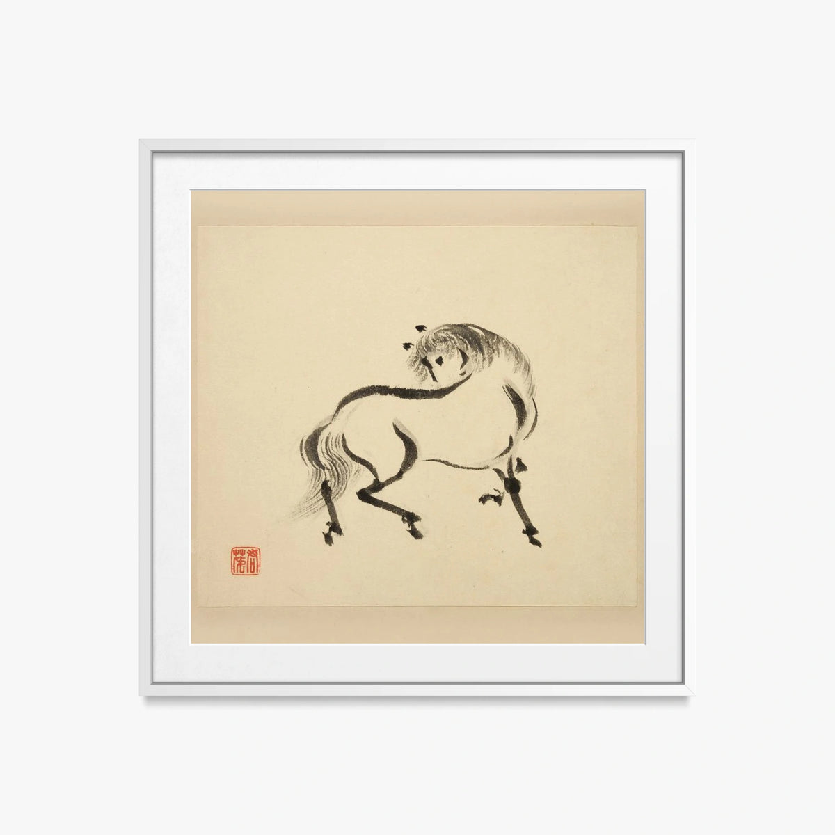 Libro Illustrato dei Cavalli, Tav. 2 - Tsurusawa Tansaku, opera di Tsurusawa Tansaku (Ukiyo-e), stampa con passepartout e cornice bianca, 50x50cm