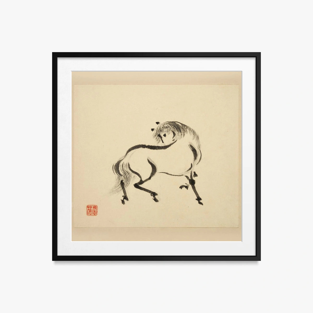 Libro Illustrato dei Cavalli, Tav. 2 - Tsurusawa Tansaku, opera di Tsurusawa Tansaku (Ukiyo-e), stampa con passepartout e cornice nera, 50x50cm