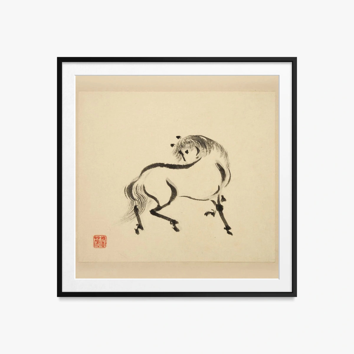 Libro Illustrato dei Cavalli, Tav. 2 - Tsurusawa Tansaku, opera di Tsurusawa Tansaku (Ukiyo-e), stampa con passepartout e cornice nera, 60x60cm