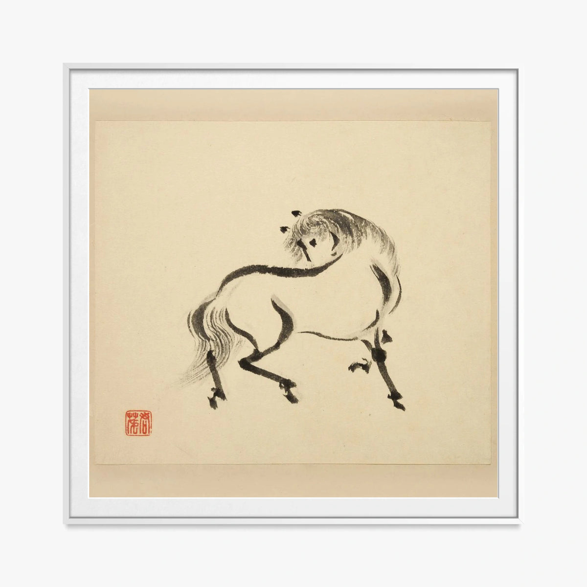 Libro Illustrato dei Cavalli, Tav. 2 - Tsurusawa Tansaku, opera di Tsurusawa Tansaku (Ukiyo-e), stampa con passepartout e cornice bianca, 80x80cm