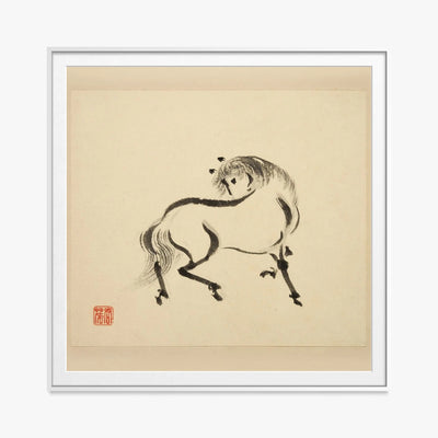 Libro Illustrato dei Cavalli, Tav. 2 - Tsurusawa Tansaku, opera di Tsurusawa Tansaku (Ukiyo-e), stampa con passepartout e cornice bianca, 80x80cm