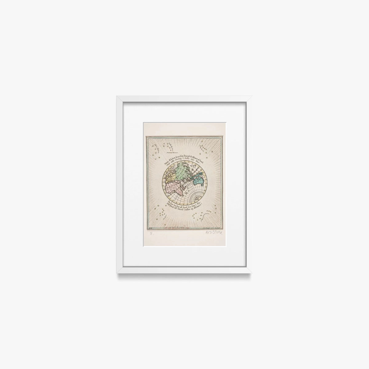 Mappa del Mondo con Poesie - Oluf Olufsen Bagge, opera di Oluf Olufsen Bagge (Illustrazione), stampa con passepartout e cornice bianca, 30x40cm