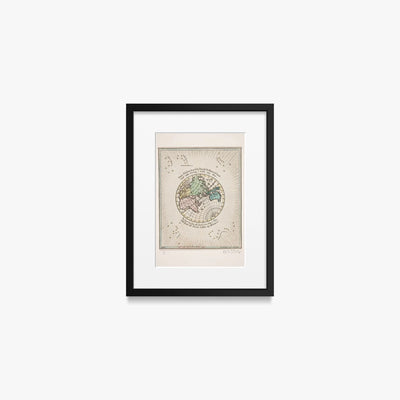 Mappa del Mondo con Poesie - Oluf Olufsen Bagge, opera di Oluf Olufsen Bagge (Illustrazione), stampa con passepartout e cornice nera, 30x40cm