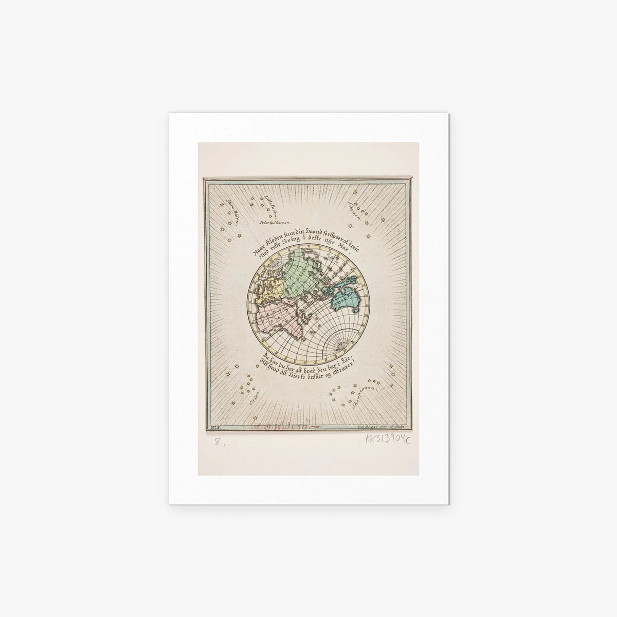 Mappa del Mondo con Poesie - Oluf Olufsen Bagge, opera di Oluf Olufsen Bagge (Illustrazione), stampa artistica su carta, 50x70cm