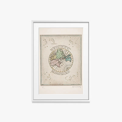 Mappa del Mondo con Poesie - Oluf Olufsen Bagge, opera di Oluf Olufsen Bagge (Illustrazione), stampa con passepartout e cornice bianca, 50x70cm
