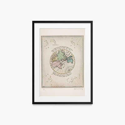 Mappa del Mondo con Poesie - Oluf Olufsen Bagge, opera di Oluf Olufsen Bagge (Illustrazione), stampa con passepartout e cornice nera, 50x70cm