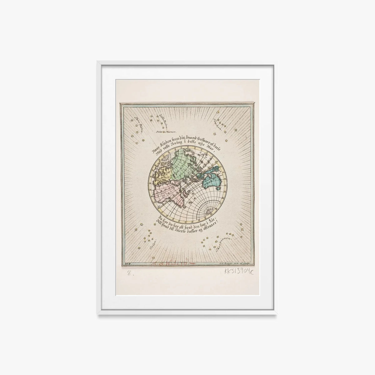 Mappa del Mondo con Poesie - Oluf Olufsen Bagge, opera di Oluf Olufsen Bagge (Illustrazione), stampa con passepartout e cornice bianca, 60x85cm