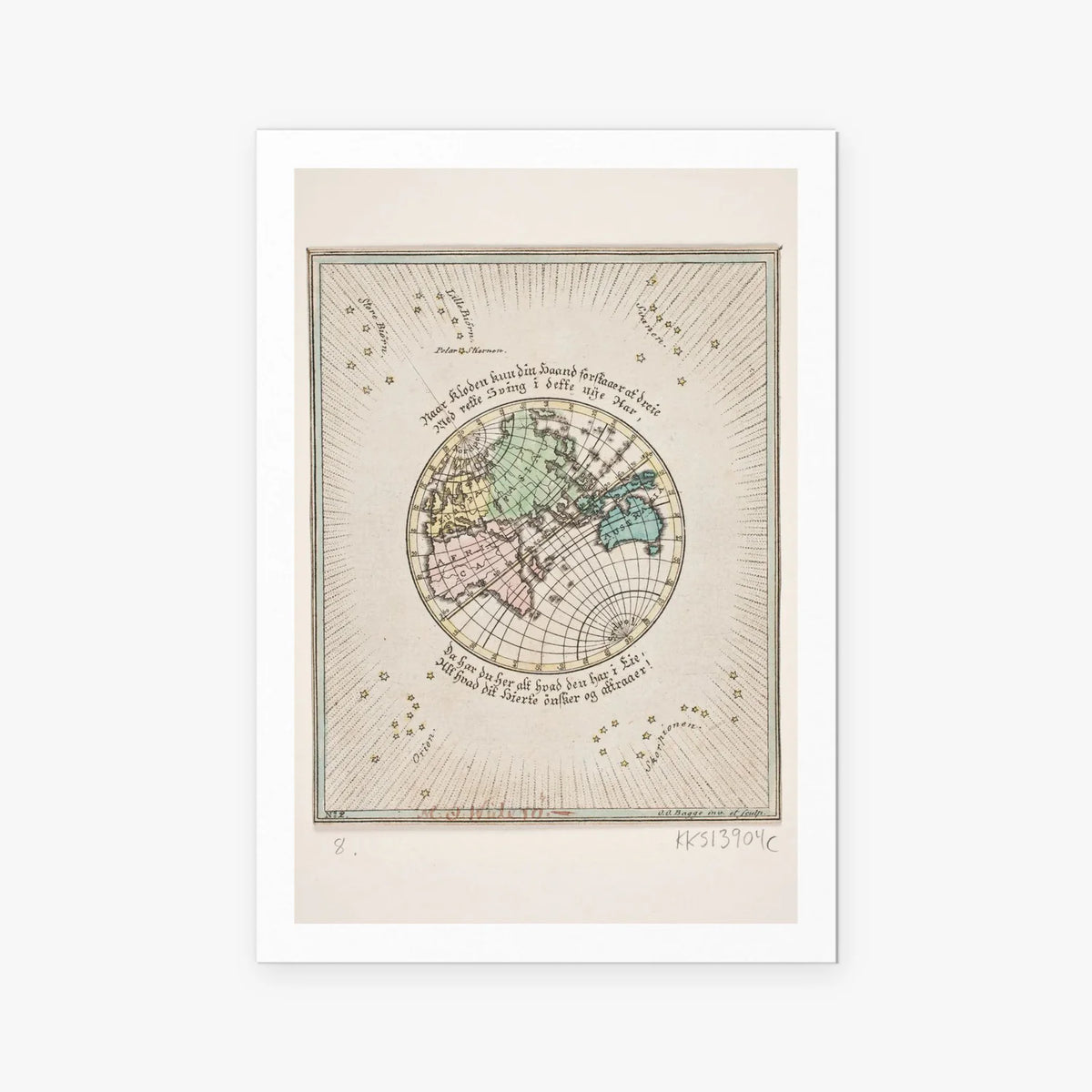 Mappa del Mondo con Poesie - Oluf Olufsen Bagge, opera di Oluf Olufsen Bagge (Illustrazione), stampa artistica su carta, 80x115cm