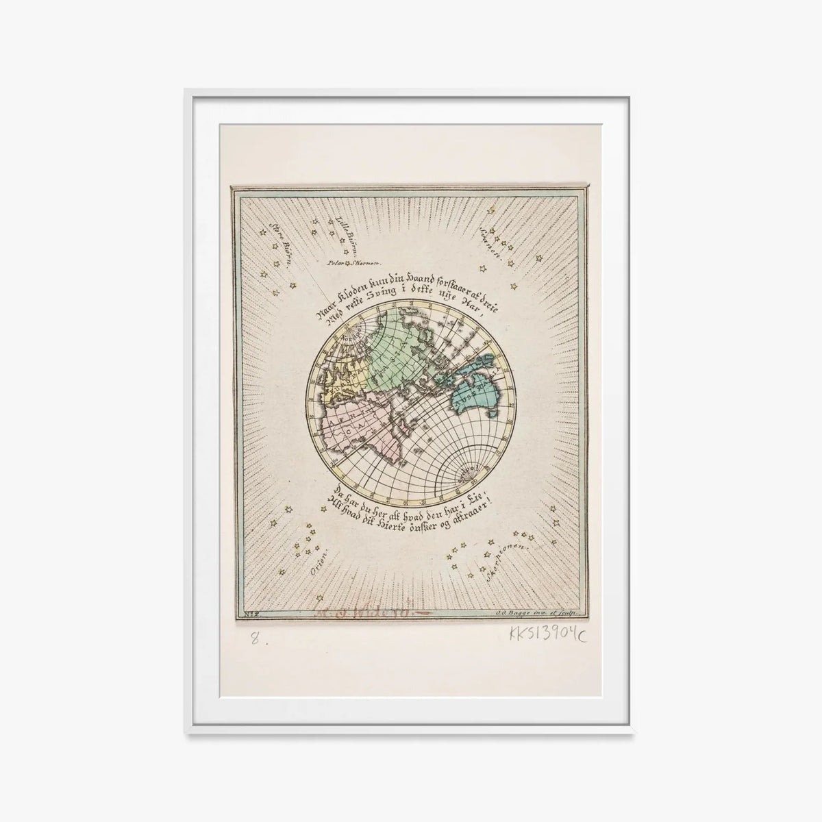 Mappa del Mondo con Poesie - Oluf Olufsen Bagge, opera di Oluf Olufsen Bagge (Illustrazione), stampa con passepartout e cornice bianca, 80x115cm