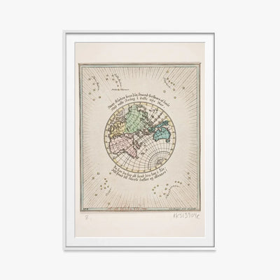 Mappa del Mondo con Poesie - Oluf Olufsen Bagge, opera di Oluf Olufsen Bagge (Illustrazione), stampa con passepartout e cornice bianca, 80x115cm