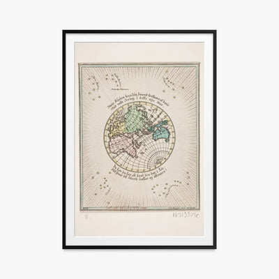 Mappa del Mondo con Poesie - Oluf Olufsen Bagge, opera di Oluf Olufsen Bagge (Illustrazione), stampa con passepartout e cornice nera, 80x115cm