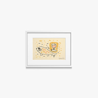 Natura Morta con Pesce - Mikuláš Galanda, opera di Mikuláš Galanda (Avanguardie), stampa con passepartout e cornice bianca, 40x30cm
