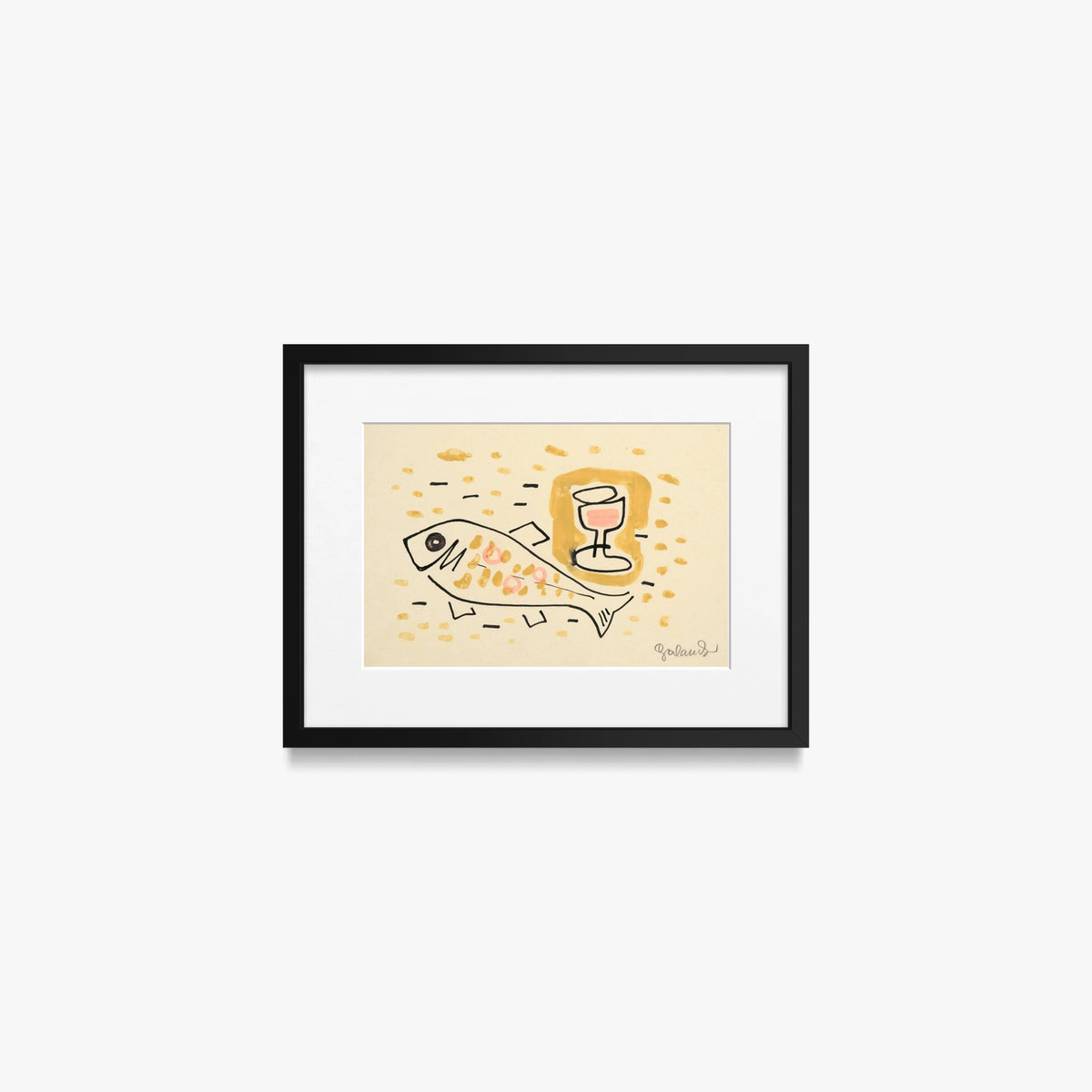 Natura Morta con Pesce - Mikuláš Galanda, opera di Mikuláš Galanda (Avanguardie), stampa con passepartout e cornice nera, 40x30cm