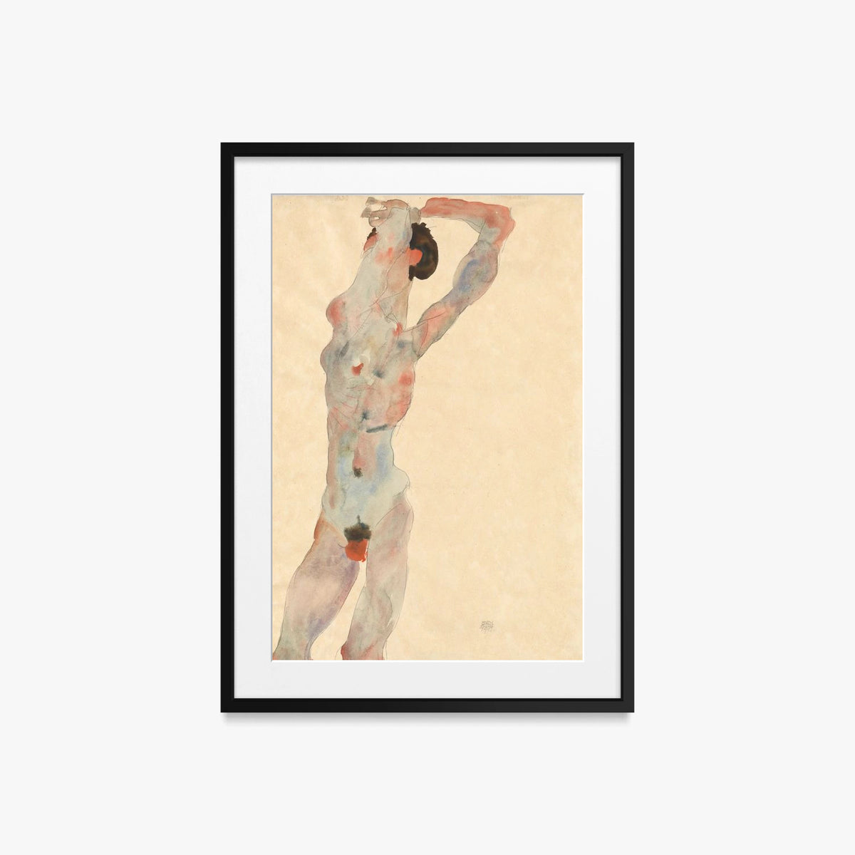 Nudo Maschile - Egon Schiele, opera di Egon Schiele (Espressionismo), stampa con passepartout e cornice nera, 50x70cm