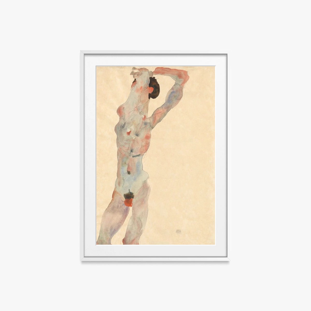 Nudo Maschile - Egon Schiele, opera di Egon Schiele (Espressionismo), stampa con passepartout e cornice bianca, 60x85cm