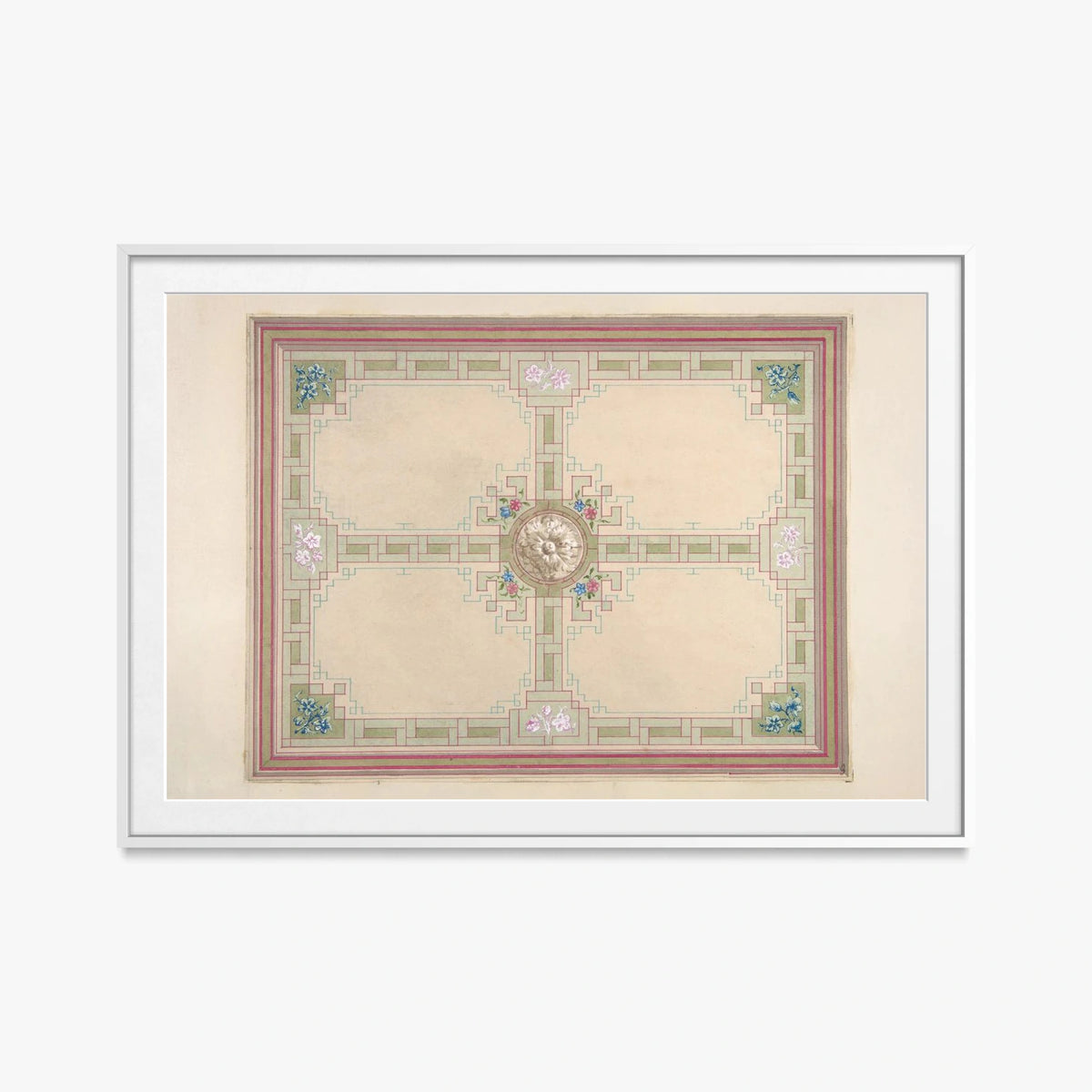 Progetto per un Soffitto con Motivi Floreali e Bordura a Greca - Jules-Edmond-Charles Lachaise, opera di Jules-Edmond-Charles Lachaise (Classici), stampa con passepartout e cornice bianca, 115x80cm