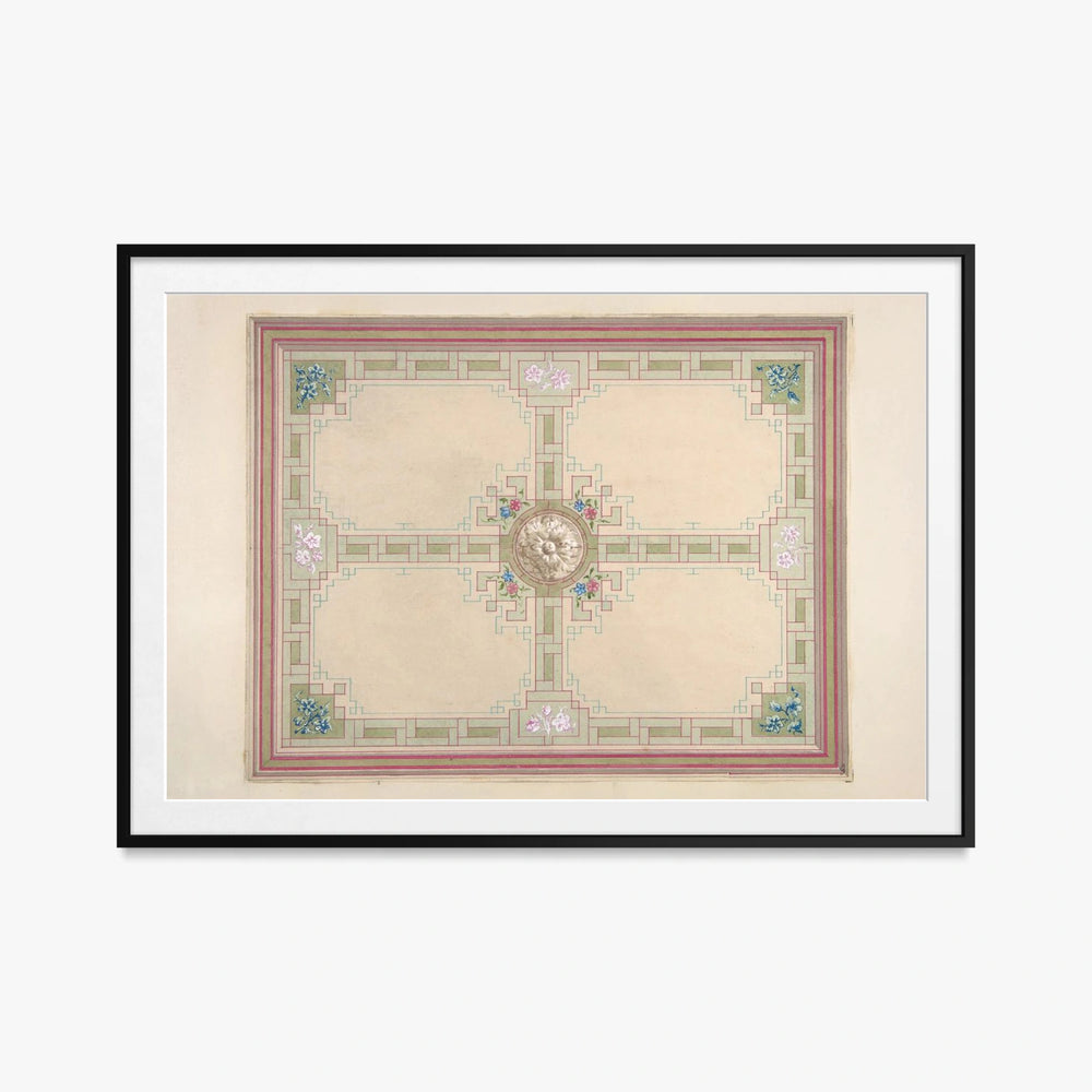 Progetto per un Soffitto con Motivi Floreali e Bordura a Greca - Jules-Edmond-Charles Lachaise, opera di Jules-Edmond-Charles Lachaise (Classici), stampa con passepartout e cornice nera, 115x80cm