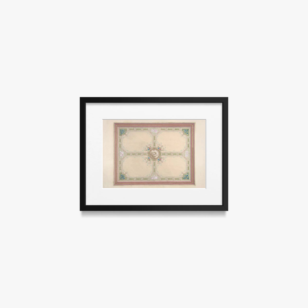 Progetto per un Soffitto con Motivi Floreali e Bordura a Greca - Jules-Edmond-Charles Lachaise, opera di Jules-Edmond-Charles Lachaise (Classici), stampa con passepartout e cornice nera, 40x30cm