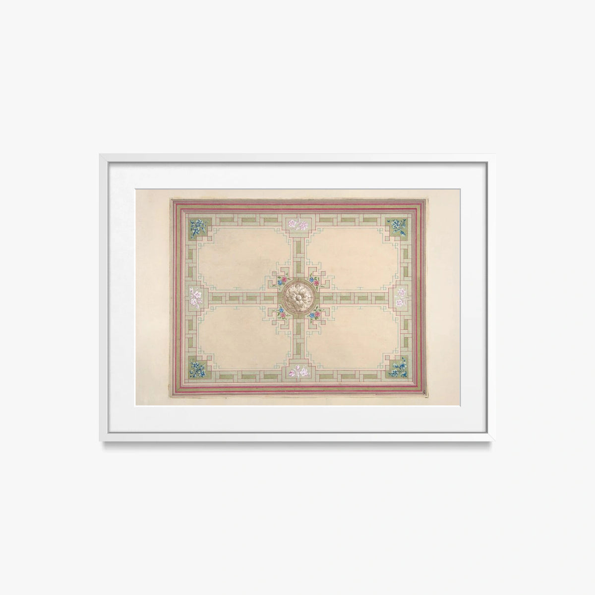 Progetto per un Soffitto con Motivi Floreali e Bordura a Greca - Jules-Edmond-Charles Lachaise, opera di Jules-Edmond-Charles Lachaise (Classici), stampa con passepartout e cornice bianca, 70x50cm