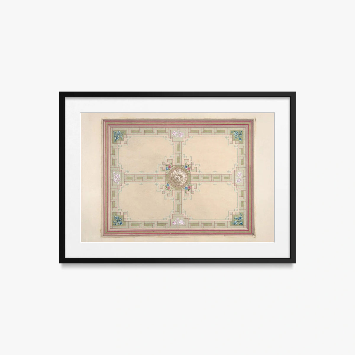 Progetto per un Soffitto con Motivi Floreali e Bordura a Greca - Jules-Edmond-Charles Lachaise, opera di Jules-Edmond-Charles Lachaise (Classici), stampa con passepartout e cornice nera, 70x50cm