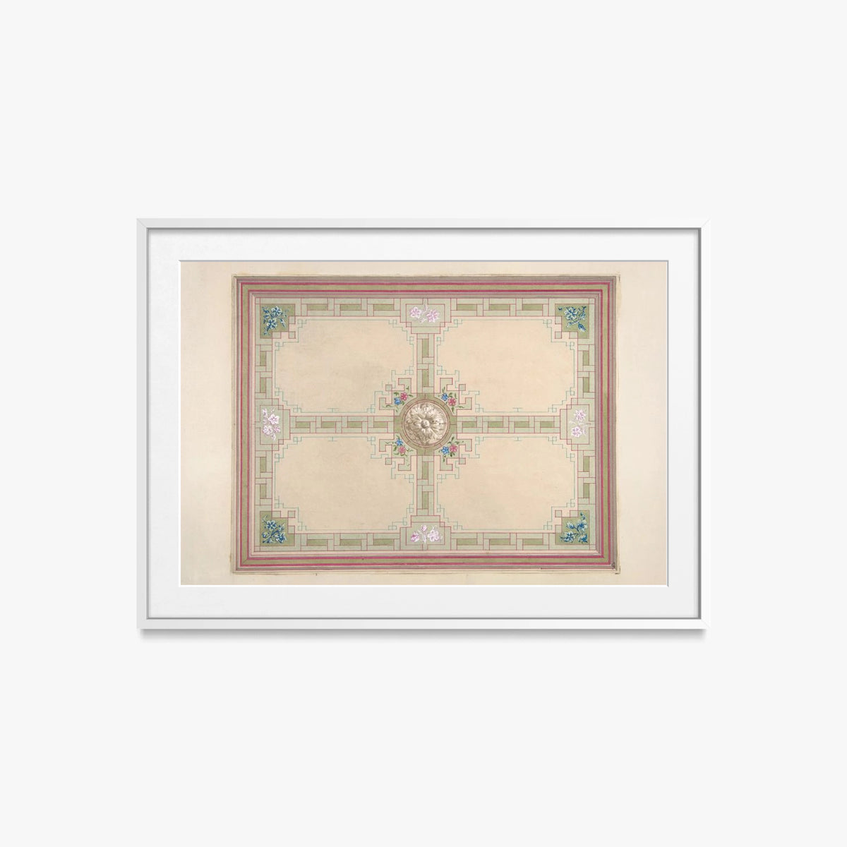 Progetto per un Soffitto con Motivi Floreali e Bordura a Greca - Jules-Edmond-Charles Lachaise, opera di Jules-Edmond-Charles Lachaise (Classici), stampa con passepartout e cornice bianca, 85x60cm