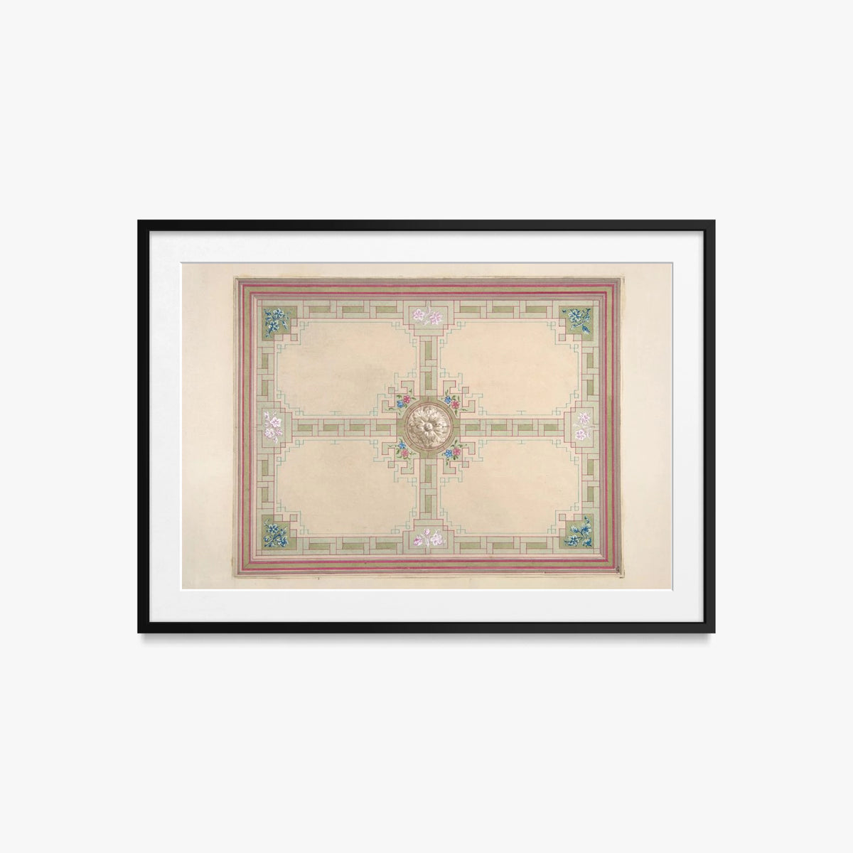 Progetto per un Soffitto con Motivi Floreali e Bordura a Greca - Jules-Edmond-Charles Lachaise, opera di Jules-Edmond-Charles Lachaise (Classici), stampa con passepartout e cornice nera, 85x60cm