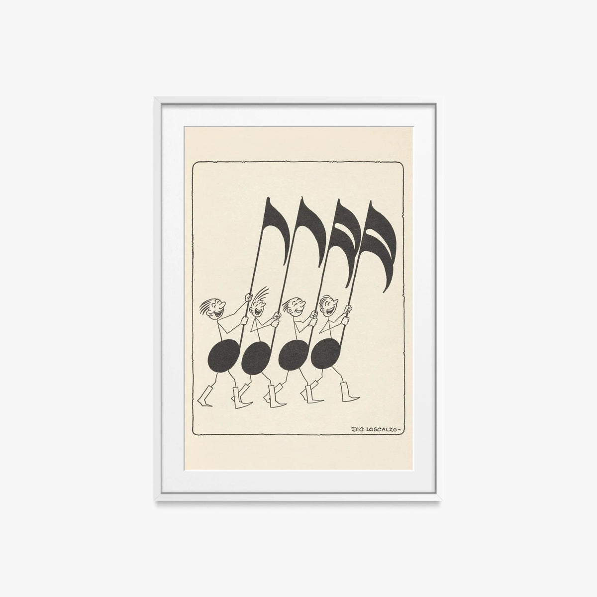 Rime Musicali, Tav. 5 - Dic Loscalzo, opera di Dic Loscalzo (Illustrazione), stampa con passepartout e cornice bianca, 60x85cm