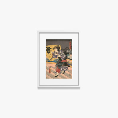 Scena di Pioggia su un Ponte - Utagawa Kunisada, opera di Utagawa Kunisada (Toyokuni III) (Ukiyo-e), stampa con passepartout e cornice bianca, 30x40cm