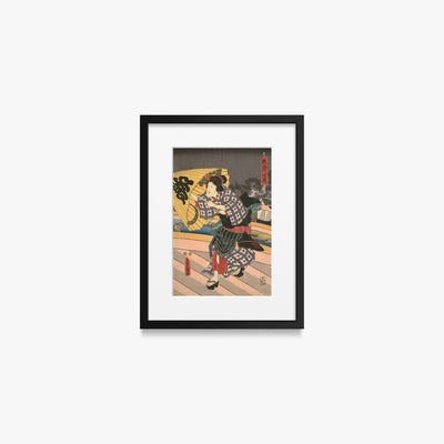 Scena di Pioggia su un Ponte - Utagawa Kunisada, opera di Utagawa Kunisada (Toyokuni III) (Ukiyo-e), stampa con passepartout e cornice nera, 30x40cm