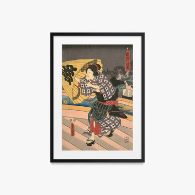 Scena di Pioggia su un Ponte - Utagawa Kunisada, opera di Utagawa Kunisada (Toyokuni III) (Ukiyo-e), stampa con passepartout e cornice nera, 50x70cm