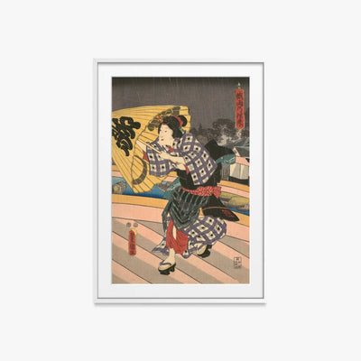 Scena di Pioggia su un Ponte - Utagawa Kunisada, opera di Utagawa Kunisada (Toyokuni III) (Ukiyo-e), stampa con passepartout e cornice bianca, 60x85cm
