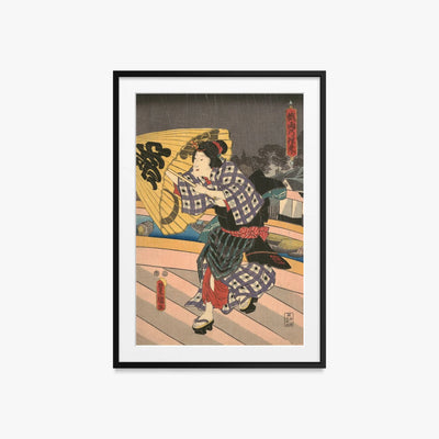 Scena di Pioggia su un Ponte - Utagawa Kunisada, opera di Utagawa Kunisada (Toyokuni III) (Ukiyo-e), stampa con passepartout e cornice nera, 60x85cm