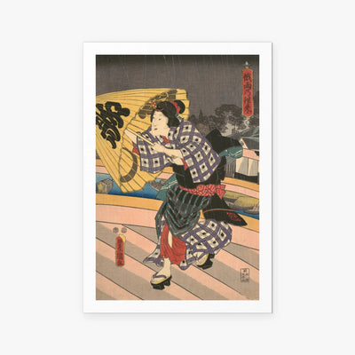 Scena di Pioggia su un Ponte - Utagawa Kunisada, opera di Utagawa Kunisada (Toyokuni III) (Ukiyo-e), stampa artistica su carta, 80x115cm