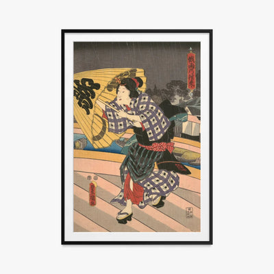 Scena di Pioggia su un Ponte - Utagawa Kunisada, opera di Utagawa Kunisada (Toyokuni III) (Ukiyo-e), stampa con passepartout e cornice nera, 80x115cm